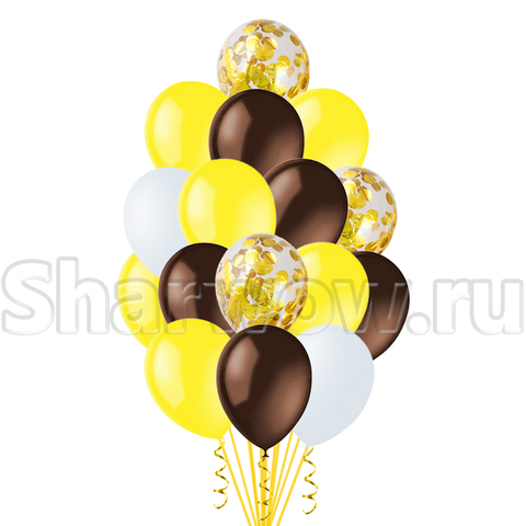 Облако воздушных гелиевых шаров Желтый с шоколадным, шары с конфетти