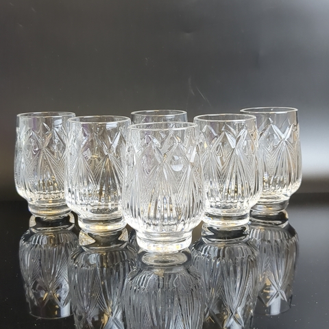 Бокалы набор из 6 штук хрустальные, алмазная грань, геометрический орнамент, 9 см, (объём-? мл), винтаж СССР 1970-1990 гг