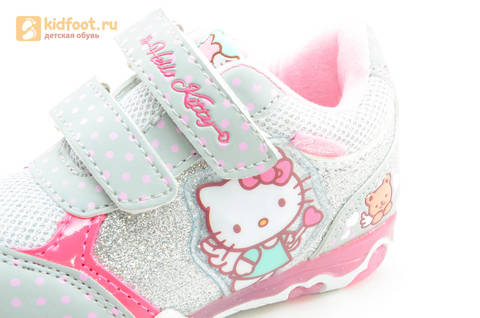Светящиеся кроссовки для девочек Хелло Китти (Hello Kitty) на липучках, цвет серый, мигает картинка сбоку. Изображение 13 из 15.