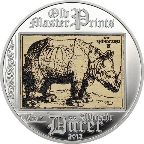 Острова Кука 2013, 5 долларов, серебро. Альбрехт Дюрер, Носорог