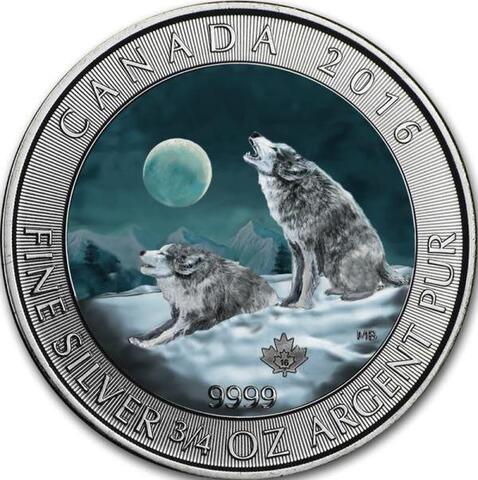 Канада 2016, 2 доллара, серебро. Воющие волки, цветная