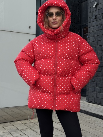 Пуховик Рокет миди красный в горох