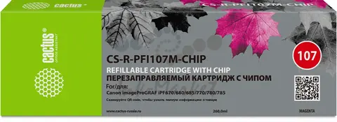 Картридж перезаправляемый струйный Cactus CS-R-PFI107M-CHIP пурпурный для Canon imageProGRAF iPF670, 680, 685, 770, 780, 785