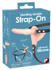 Телесный двойной вибрострапон с вибрацией Vibrating Double Strap-On - 15 см. - 