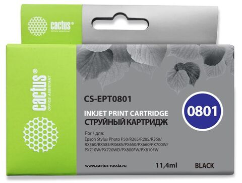 Картридж струйный Cactus CS-EPT0801 T0801 черный (11.4мл) для Epson Stylus PhotoP50, PX650, PX660, PX700, PX700W, PX710, PX710W, PX720, PX720WD, PX800, PX800FW, PX810, PX810FW, PX820, PX820FWD, R265, R285, R360, RX560, RX585, RX685