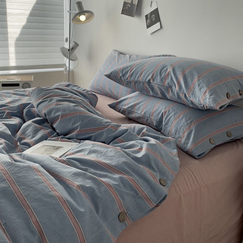 Комплект Двуспальный, Вареный хлопок Синий розовые полоски