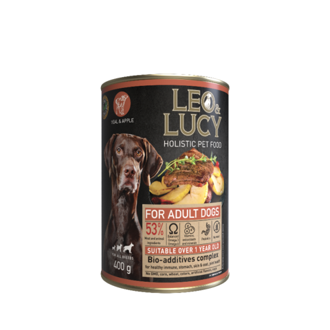 LEO&LUCY влажный холистик корм консервированный полнорационный - паштет для взрослых собак всех пород с телятиной, яблоком и биодобавками, 400 г.