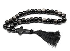 Четки из обсидиана иризирующего 13*11 мм цвет черно-серебрянный, с крестиком, 32 см