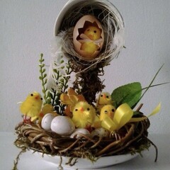 Цыпленок с яйцом в гнезде, Пасхальный декор, размер 5,5 см, набор 3 шт.
