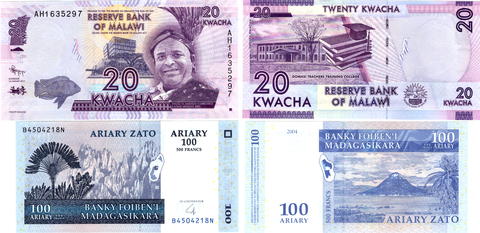 Мадагаскар 100 ариарм 2004 г. Малави 20 квача 2012 г. Набор 2 шт. Пресс UNC