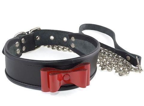 Чёрный ошейник с красным лаковым бантом и поводком - Sitabella BDSM accessories 3129-1