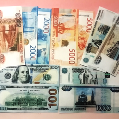 Сахарные Деньги для торта Рубли, Доллары Двухсторонние 24шт, 10*4 см (сахарная бумага, вырезаны)