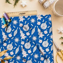 Ткань шелк Армани ёлочные игрушки на синем фоне