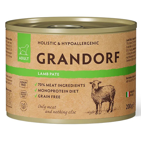 GRANDORF (Lamb Pate) MONOPROTEIN монопротеиновый влажный корм для собак всех пород (беззерновая формула для особо аллергичных собак), ЯГНЕНОК, 200г х 6 шт