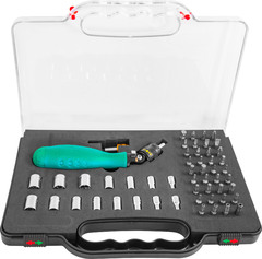 Jonnesway DR0253S Рукоятка отверточная трещоточная с гибкой головкой в наборе с битами и головками, 53 предмета 48821