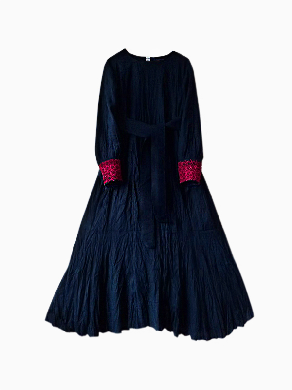 Вита. Платье льняное в пол темно-синее с вышивкой PL-42-2358