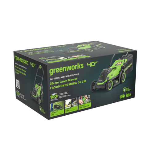 Газонокосилка Greenworks GD40LM361, 40v, 36 см, 1.1 кВт, без АКБ и ЗУ (аккумуляторная)