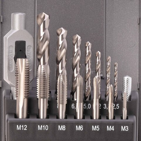 Набор метчиков однопроходных M3 -M12 HSS-G DIN352 (+ вороток, сверла) 15пр Ruko 245004RO(АКЦИЯ)