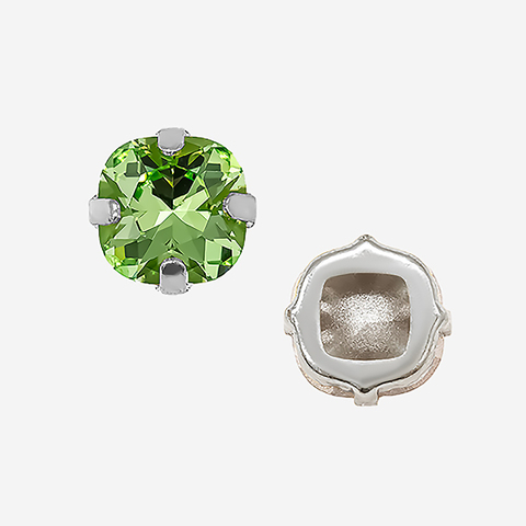 Кристалл Кушон (Сushion) в цапах, оттенок "Перидот"/"Peridot", 9,2мм, родирование