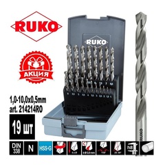 Набор сверл по металлу 1-10мм 19шт DIN338 HSS-G 118° (пл. кейс) Ruko 214214RO