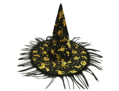 Шляпа ведьмы с бахромой, Черный/Золото, 36 см, 1 шт.