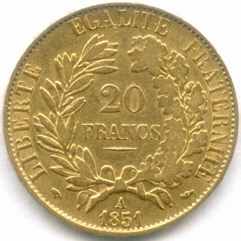 20 франков 1851 год. Франция. 2-я республика. Золото XF