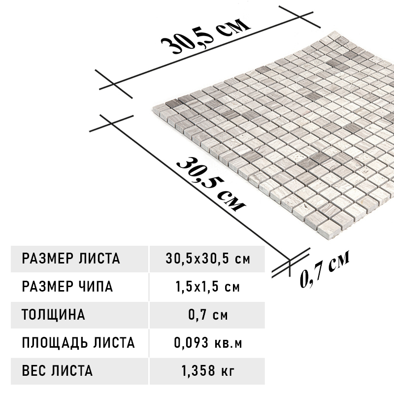 7M032-15P Мозаичная плитка из мрамора Natural Adriatica серый светлый квадрат глянцевый