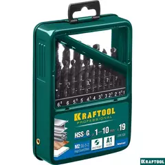 KRAFTOOL HSS-G, 19 шт, (1-10 мм), сталь P6M5, набор сверл по металлу (29651-H19)