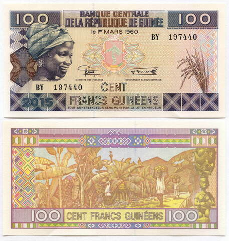 Банкнота Гвинея 100 франков 2015 год. UNC