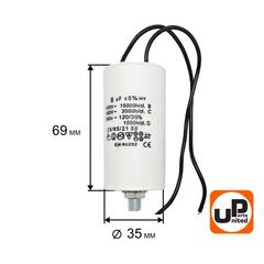 Конденсатор UNITED PARTS CBB60, 8 мкФ, 450В, гибкие выводы, шпилька М8 (90-1000)