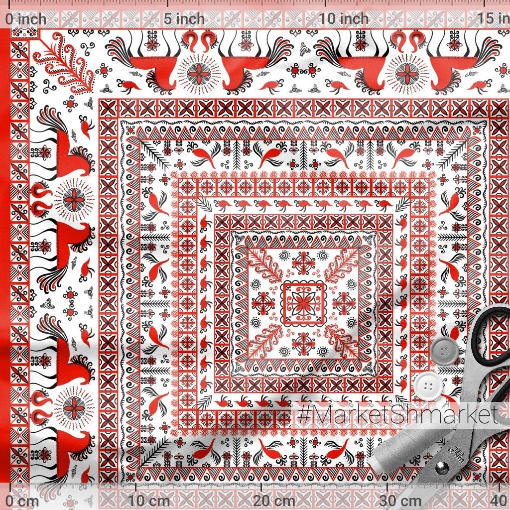Квадратный орнамент с лошадьми. Мезенская роспись. (Дизайн для платков, шалей, наволочек, салфеток, полотенец). Irina Skaska