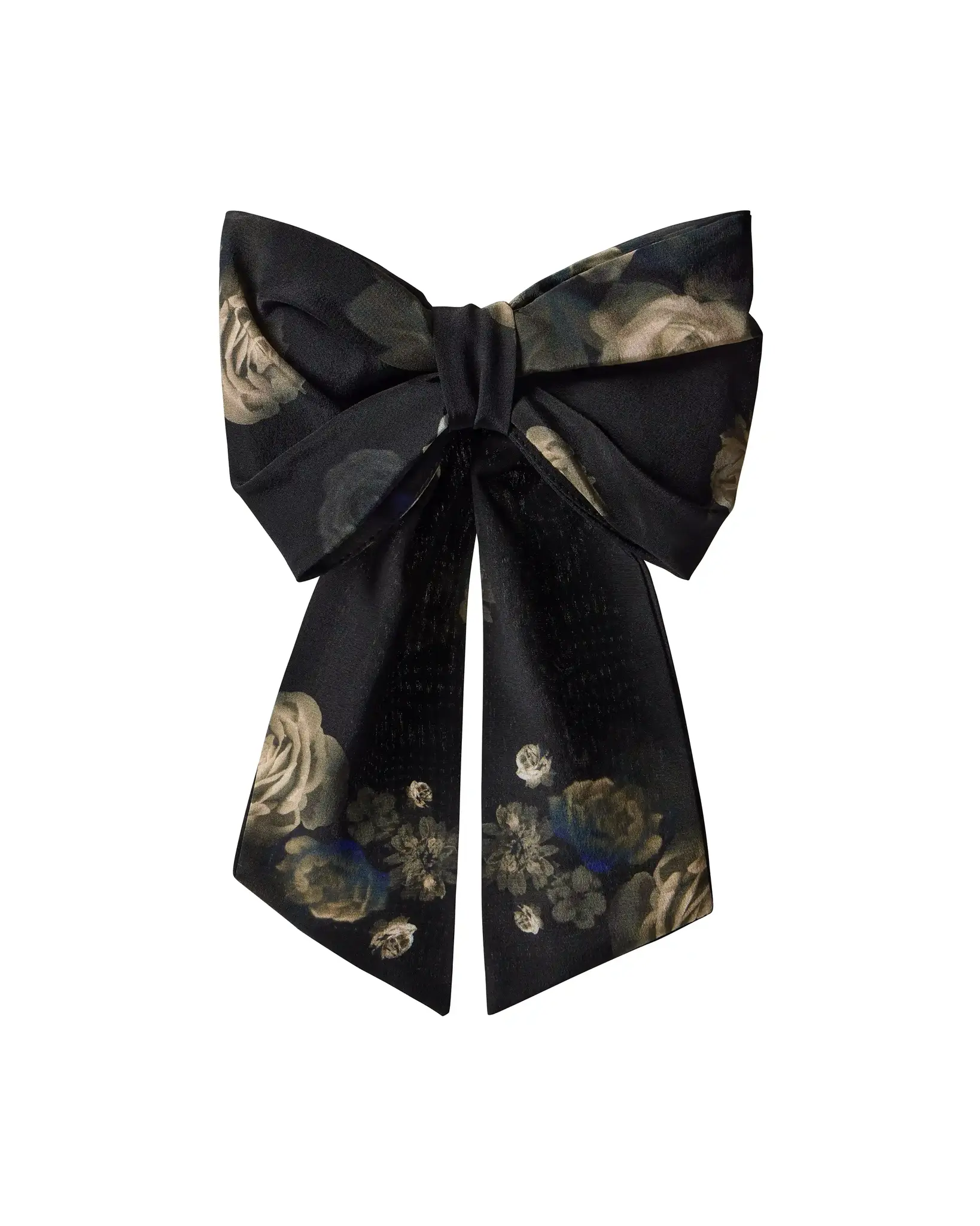 Mirella, заколка - бант из черного крепдешина с крупным цветочным принтом