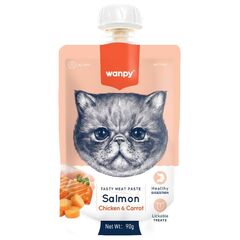 Wanpy Cat лакомство для кошек Мясной мусс из лосося и курицы с морковью 90 г
