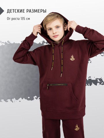 Худи цвета красного вина с логотипом, без лампасов. Плотный футер