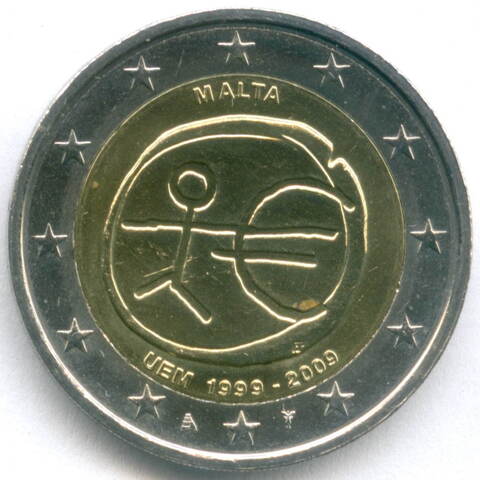 2 евро 2009 год. Мальта. 10 лет монетарной политики ЕС и введения евро. Биметалл AU