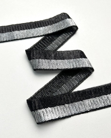 Тесьма из сетки с пайетками, цвет: серебристый, чёрный металлик, ширина 30мм