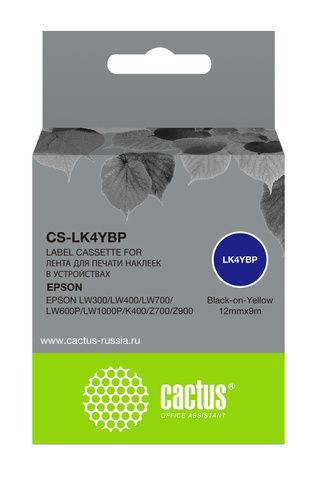 Картридж ленточный Cactus CS-LK4YBP черный для Epson LW300, LW400, LW700, LW600P, LW1000P, K400, Z700, Z900