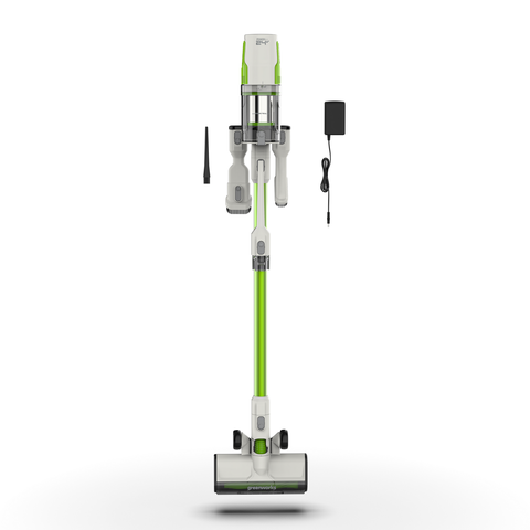 Пылесос вертикальный акк. Greenworks SV24532, 24V, б/щет, 350 Вт, 21 кПа, электрощетка, 3 насадки, LED, белый+зеленый, 1х4Ач и ЗУ (4702007UB)