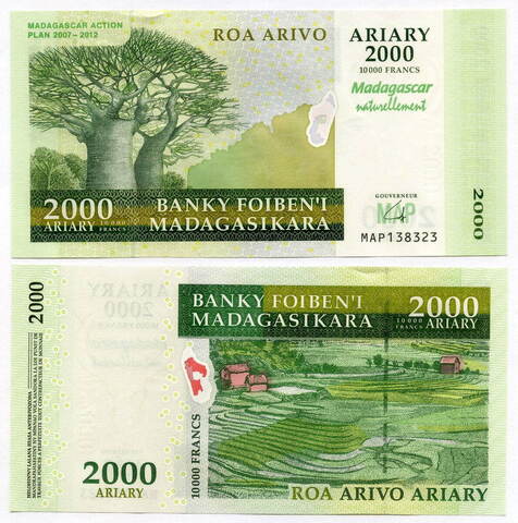 Памятная банкнота Мадагаскар 2000 ариари (10000 франков) 2008 год. Пятилетний план развития 2007-2012 MAP138323. UNC