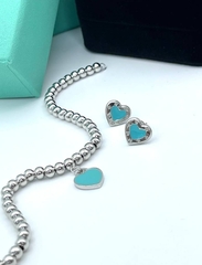 51889- Браслет-дорожка Tiffany из серебряных бусин с подвеской сердце lux с мятной эмалью