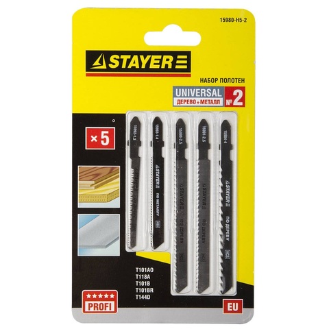 STAYER T-хвост., по дереву и металлу, 5 шт, UNIVERSAL №2. набор полотен для лобзика (15980-H5-2)