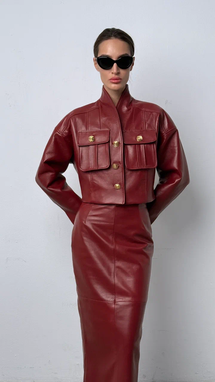 Куртка кожаная с карманами шалевый воротник