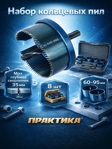 Набор кольцевых пил ПРАКТИКА 1,5, 60/68/75/82/95 мм, серия Мастер (640-988)