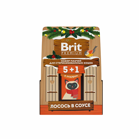 Набор паучей Brit Premium с лососем, кусочки в соусе, для взр. стерили. кошек, 5+1, кормушка, 510 г.