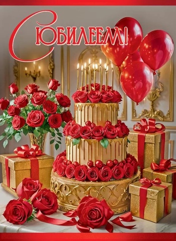 Открытка, С Юбилеем, Торт и розы, с блестками, 20,5*27,6 см, 1 шт.