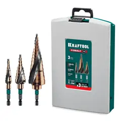 KRAFTOOL COBALT 3 шт., 4-32мм, азотирование, винтовая спираль, набор сверл ступенчатых(29691-4-32-H3)
