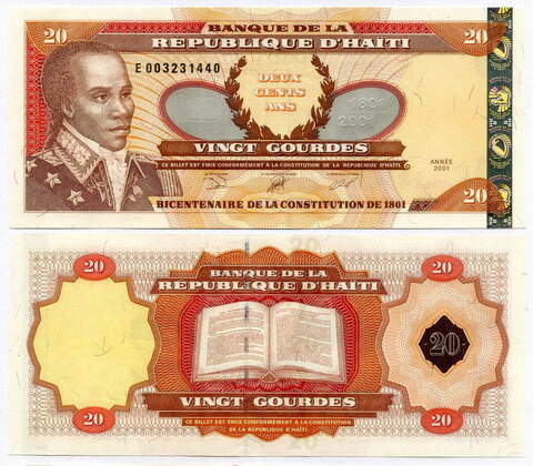 Банкнота 20 гурдов 2001 год. Гаити. 200 лет Конституции (серебряная лента)