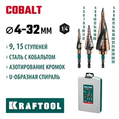 KRAFTOOL COBALT 3 шт., 4-32мм, азотирование, винтовая спираль, набор сверл ступенчатых(29691-4-32-H3)