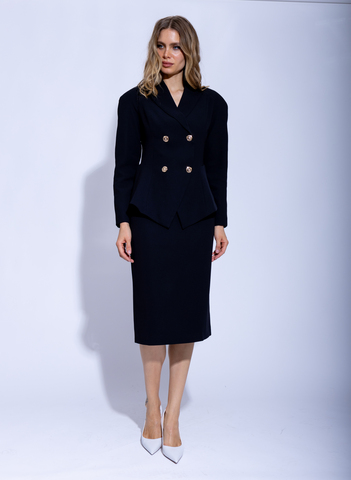 Женский черный элегантный костюм с двубортным жакетом
