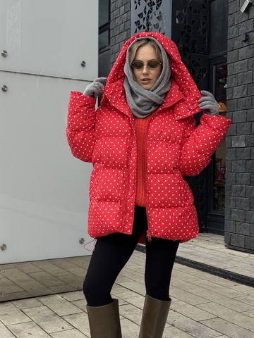 Пуховик Рокет миди красный в горох